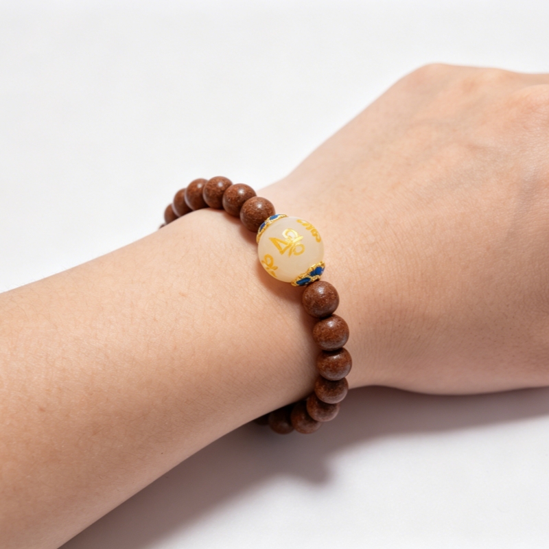 Goose Pear Incense Bead Bracelet with White Talisman Crystal Charms, Natural Agarwood Sandalwood Mala for Calming Mind, Mood Relief & Better Sleep &mdash; View 4