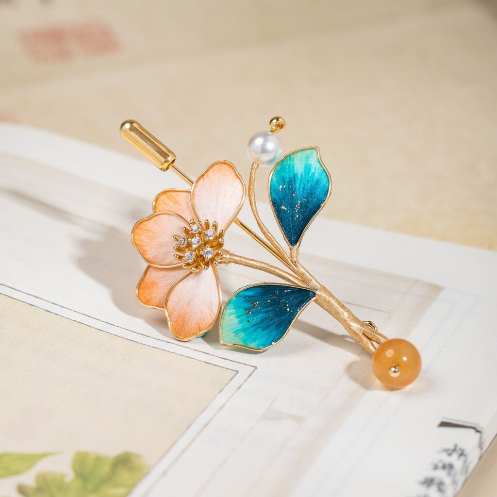 Blue Orange Velvet Flower Brooch, Chinese Intangible Heritage Craft, Elegant Ancient Chinese Style Lapel Pin for Cheongsam — View 6