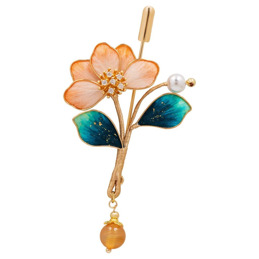 Blue Orange Velvet Flower Brooch, Chinese Intangible Heritage Craft, Elegant Ancient Chinese Style Lapel Pin for Cheongsam — View 7