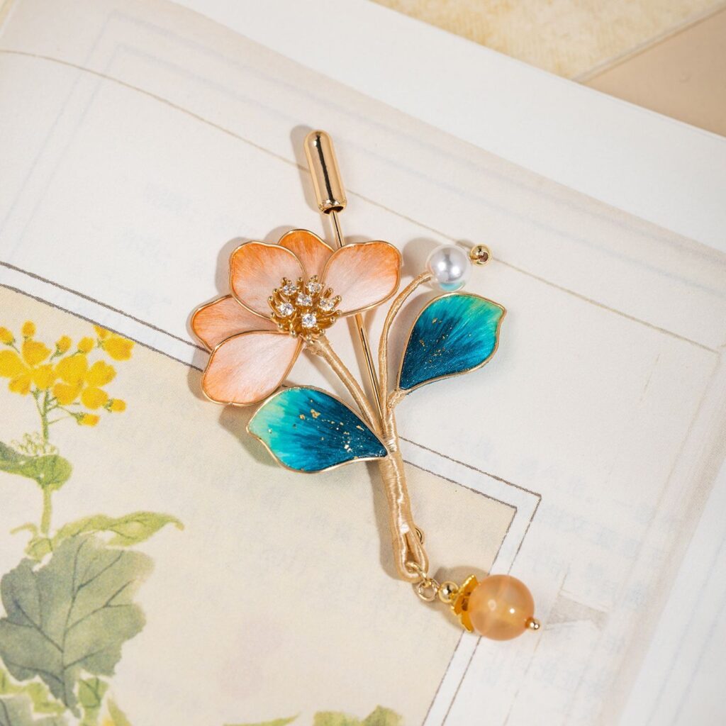 Blue Orange Velvet Flower Brooch, Chinese Intangible Heritage Craft, Elegant Ancient Chinese Style Lapel Pin for Cheongsam — View 3