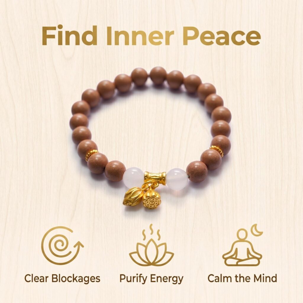 Natural Agarwood Bead White Agate Bracelet Lotus Pendant Calming Aromatherapy Bracelet for Relaxation Stress Relief &mdash; View 1
