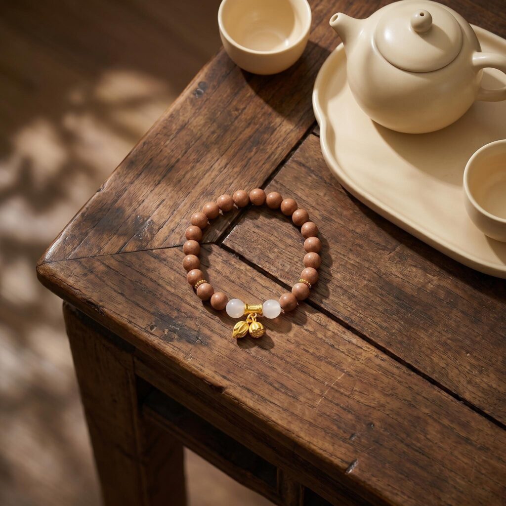 Natural Agarwood Bead White Agate Bracelet Lotus Pendant Calming Aromatherapy Bracelet for Relaxation Stress Relief &mdash; View 5
