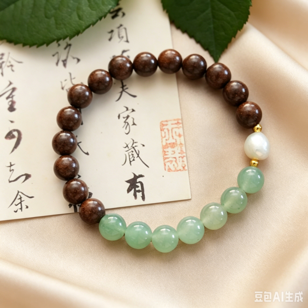 Goose Pear Aroma Incense Bracelet | White Pearl & Green Crystal Gentle Mood & Sleep Wellness Jewelry &mdash; View 8