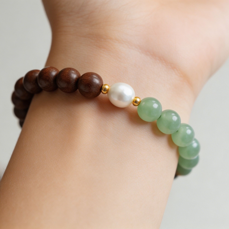 Goose Pear Aroma Incense Bracelet | White Pearl & Green Crystal Gentle Mood & Sleep Wellness Jewelry &mdash; View 10