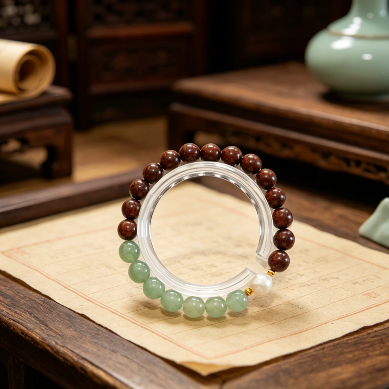 Goose Pear Aroma Incense Bracelet | White Pearl & Green Crystal Gentle Mood & Sleep Wellness Jewelry &mdash; View 9