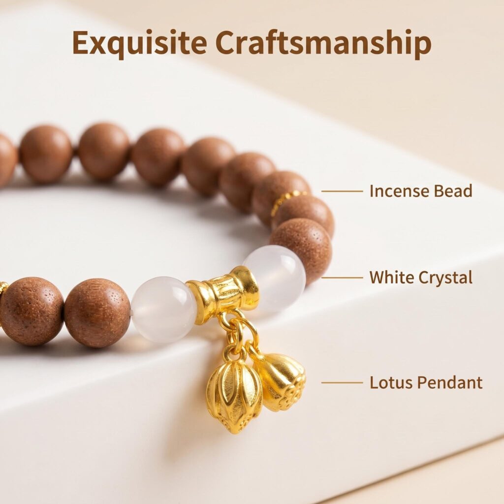Natural Agarwood Bead White Agate Bracelet Lotus Pendant Calming Aromatherapy Bracelet for Relaxation Stress Relief &mdash; View 4