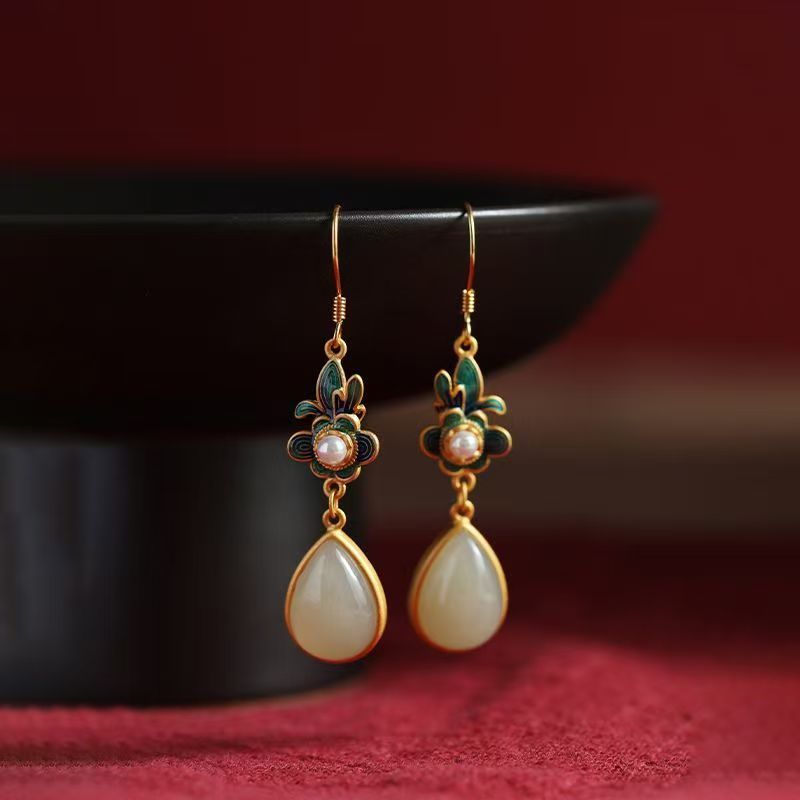 Traditional Chinese Filigree Cloisonne Earrings, Teardrop Hetian Jade Pearl Floral Drop Earrings, Retro Oriental Cheongsam Accessory — View 1