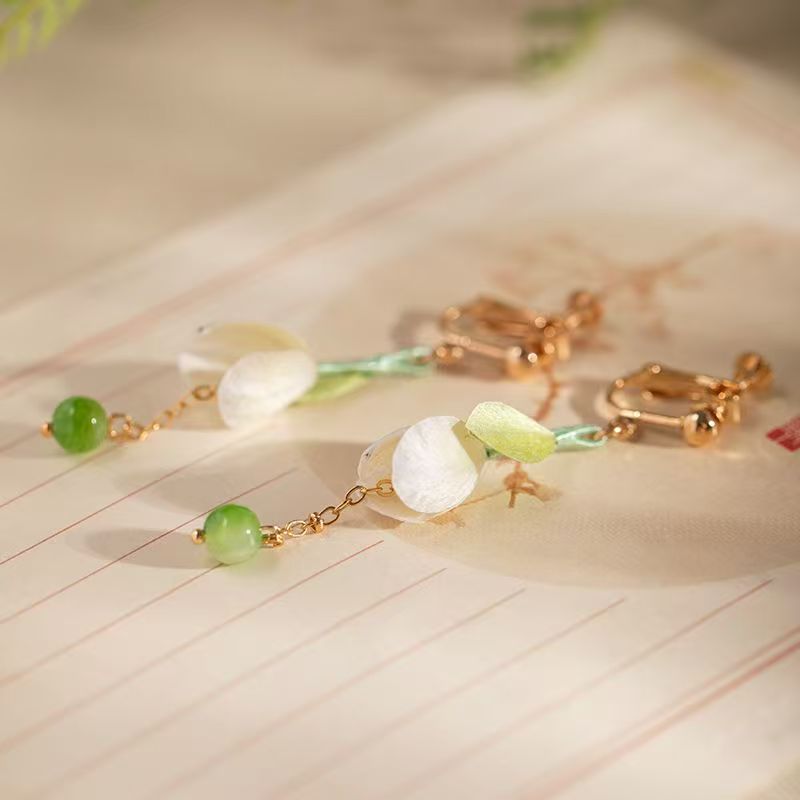 Ethereal Oriental Silk Velvet Magnolia Dangle Earrings, Artisan Crafted Traditional Chinese Floral Ear Ornaments for Cheongsam Daily Wear — View 3