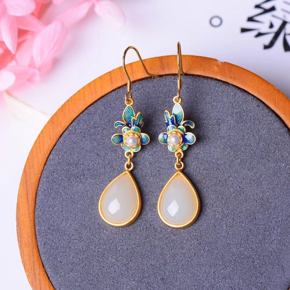 Traditional Chinese Filigree Cloisonne Earrings, Teardrop Hetian Jade Pearl Floral Drop Earrings, Retro Oriental Cheongsam Accessory — View 3