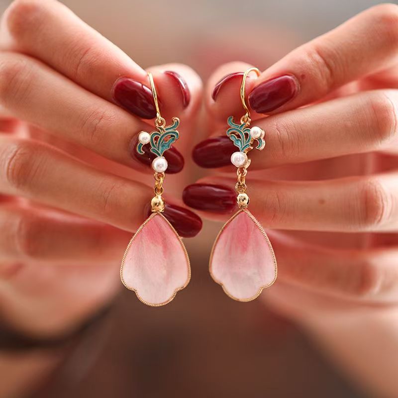 Handmade Silk Velvet Petal Long Dangle Earrings, Chinese Filigree Velvet Flower Oriental Jewelry, Gradient Pink Floral Drop Earrings, Elegant Cheongsam Accessory for Women — View 3