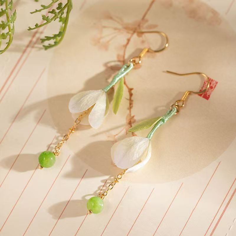 Ethereal Oriental Silk Velvet Magnolia Dangle Earrings, Artisan Crafted Traditional Chinese Floral Ear Ornaments for Cheongsam Daily Wear — View 5