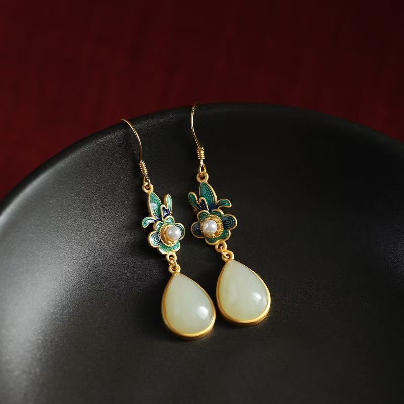 Traditional Chinese Filigree Cloisonne Earrings, Teardrop Hetian Jade Pearl Floral Drop Earrings, Retro Oriental Cheongsam Accessory — View 5