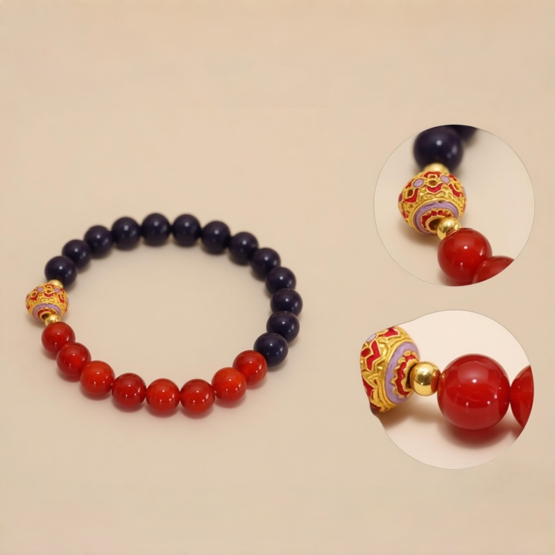 Purple Auspicious Aura Herbal Bracelet | Blue Pattern Metal Ball, Red Crystal & Gold Accent Mood & Energy Alignment Wellness Jewelry — View 6