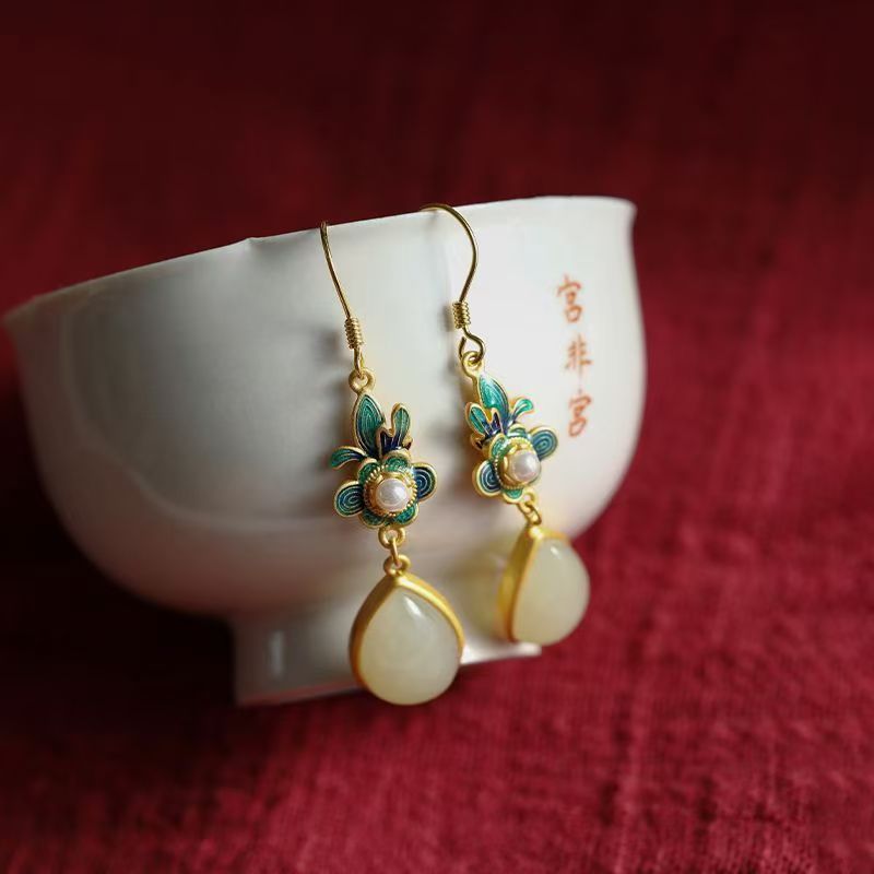 Traditional Chinese Filigree Cloisonne Earrings, Teardrop Hetian Jade Pearl Floral Drop Earrings, Retro Oriental Cheongsam Accessory — View 4