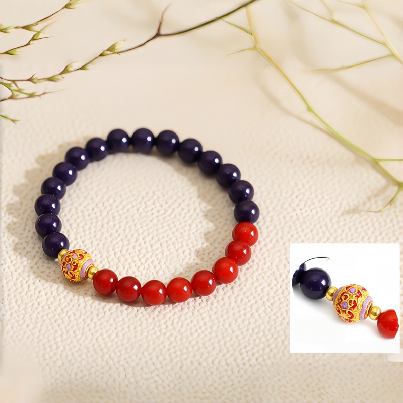 Purple Auspicious Aura Herbal Bracelet | Blue Pattern Metal Ball, Red Crystal & Gold Accent Mood & Energy Alignment Wellness Jewelry — View 4