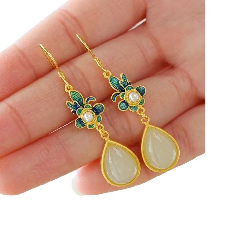 Traditional Chinese Filigree Cloisonne Earrings, Teardrop Hetian Jade Pearl Floral Drop Earrings, Retro Oriental Cheongsam Accessory — View 12