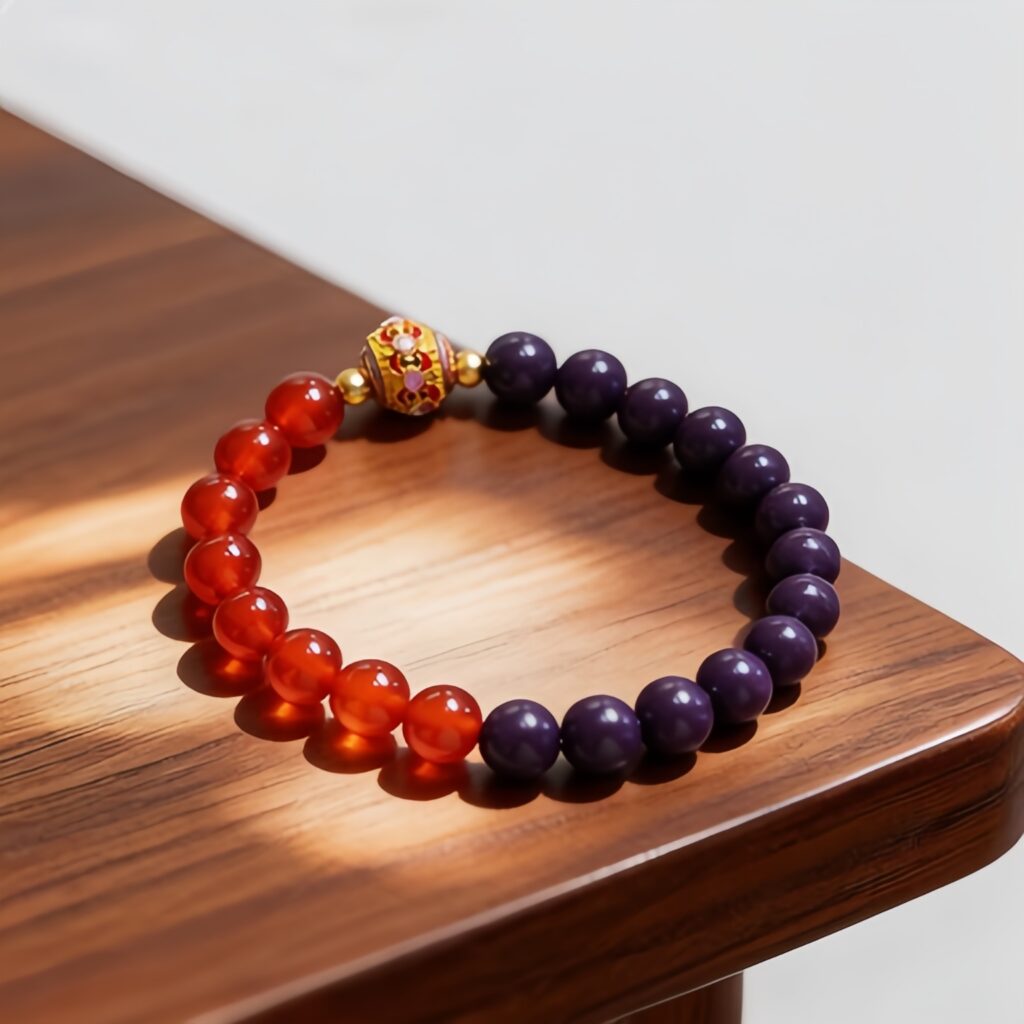 Purple Auspicious Aura Herbal Bracelet | Blue Pattern Metal Ball, Red Crystal & Gold Accent Mood & Energy Alignment Wellness Jewelry &mdash; View 1