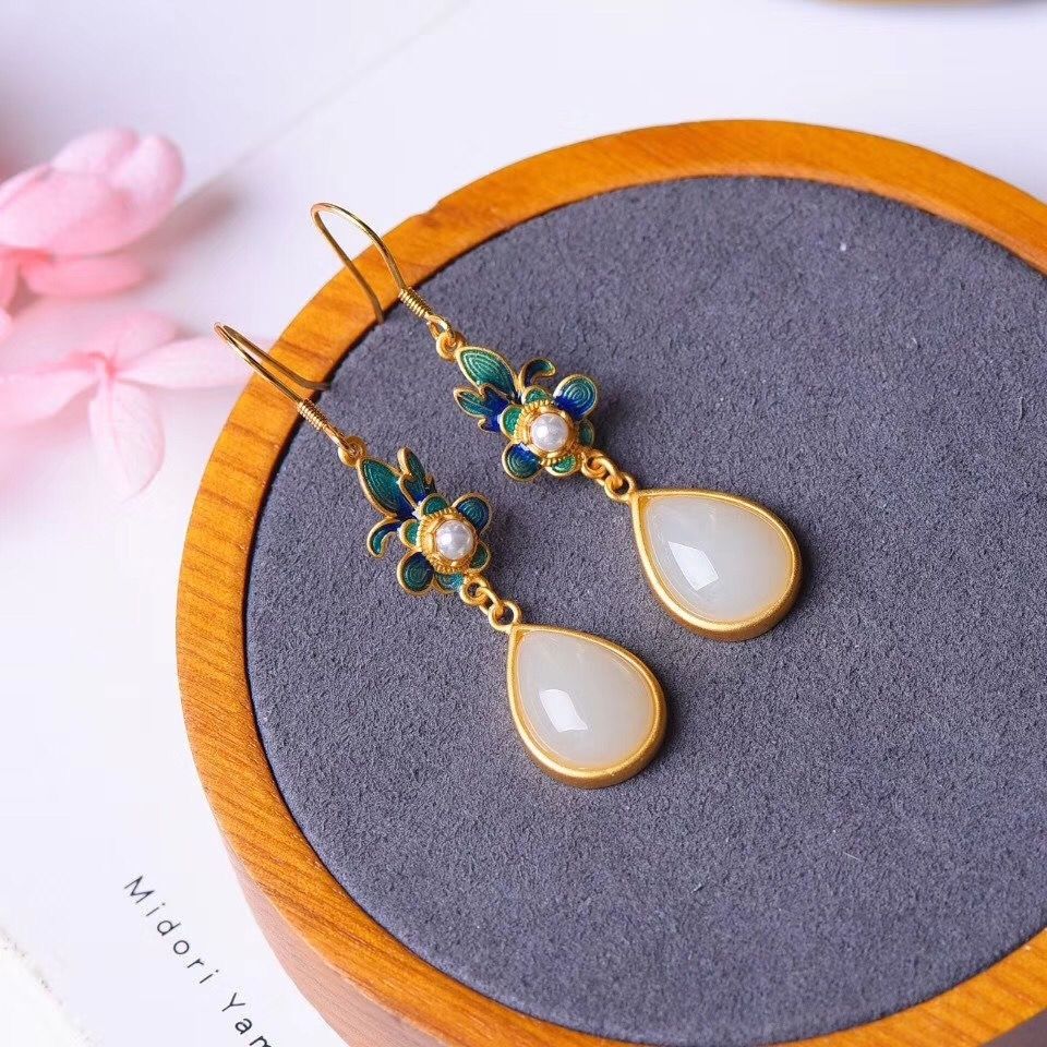 Traditional Chinese Filigree Cloisonne Earrings, Teardrop Hetian Jade Pearl Floral Drop Earrings, Retro Oriental Cheongsam Accessory — View 6