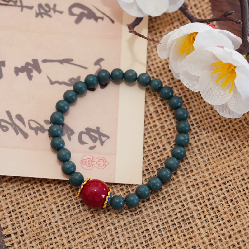 Blue Bridge Jade Pestle Herbal Incense Bracelet, Natural Multi-Herb Blended Beaded Bracelet with Red Crystal Accent, Warm Body Vitality, Blood Flow & Joint Comfort Wellness Jewelry &mdash; View 3