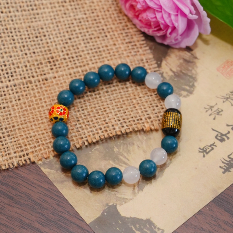 Blue Bridge Jade Pestle Warming Herbal Bracelet | Clear & Black Crystal Metal Sphere Blood & Bone Wellness Jewelry &mdash; View 3