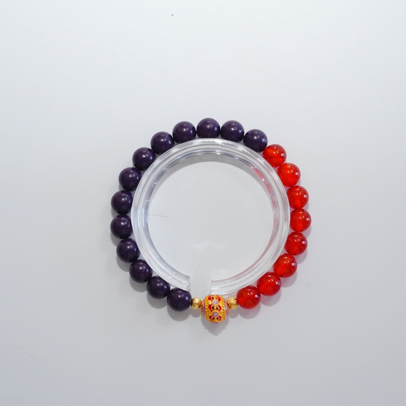 Purple Auspicious Aura Herbal Bracelet | Blue Pattern Metal Ball, Red Crystal & Gold Accent Mood & Energy Alignment Wellness Jewelry &mdash; View 5