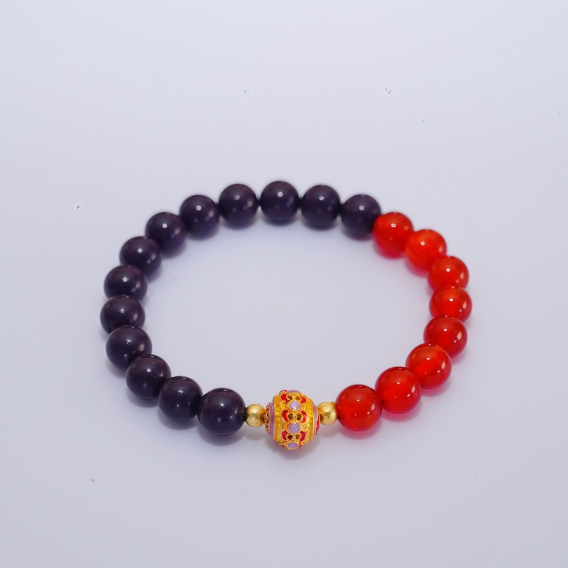 Purple Auspicious Aura Herbal Bracelet | Blue Pattern Metal Ball, Red Crystal & Gold Accent Mood & Energy Alignment Wellness Jewelry &mdash; View 3
