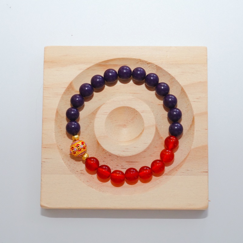 Purple Auspicious Aura Herbal Bracelet | Blue Pattern Metal Ball, Red Crystal & Gold Accent Mood & Energy Alignment Wellness Jewelry &mdash; View 7