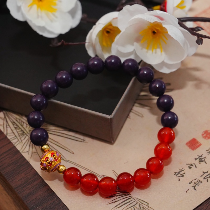 Purple Auspicious Aura Herbal Bracelet | Blue Pattern Metal Ball, Red Crystal & Gold Accent Mood & Energy Alignment Wellness Jewelry &mdash; View 8