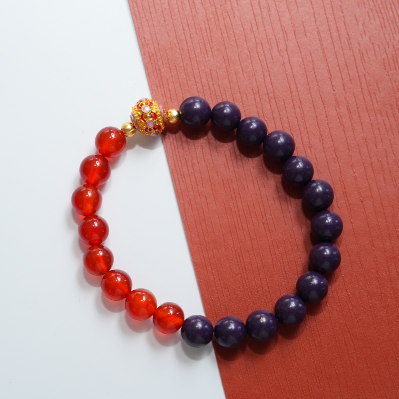 Purple Auspicious Aura Herbal Bracelet | Blue Pattern Metal Ball, Red Crystal & Gold Accent Mood & Energy Alignment Wellness Jewelry &mdash; View 2