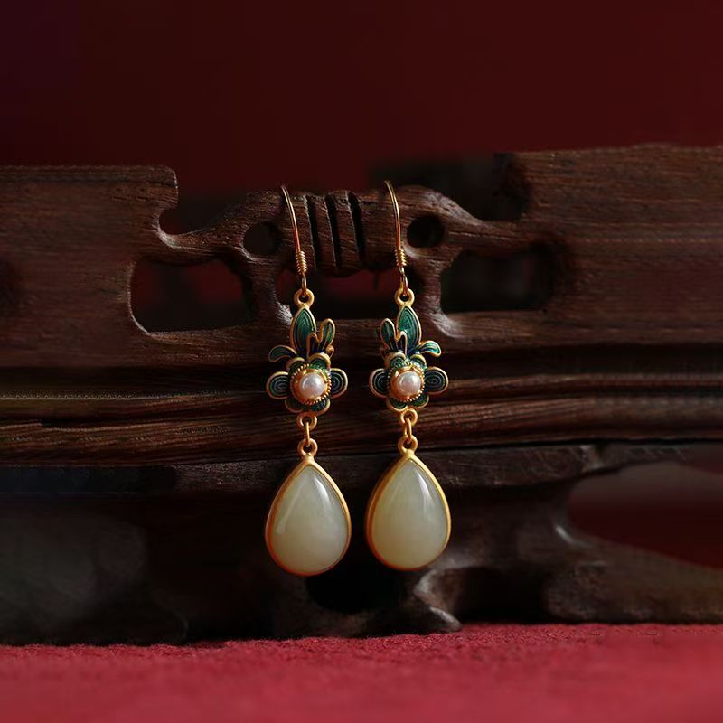 Traditional Chinese Filigree Cloisonne Earrings, Teardrop Hetian Jade Pearl Floral Drop Earrings, Retro Oriental Cheongsam Accessory — View 7