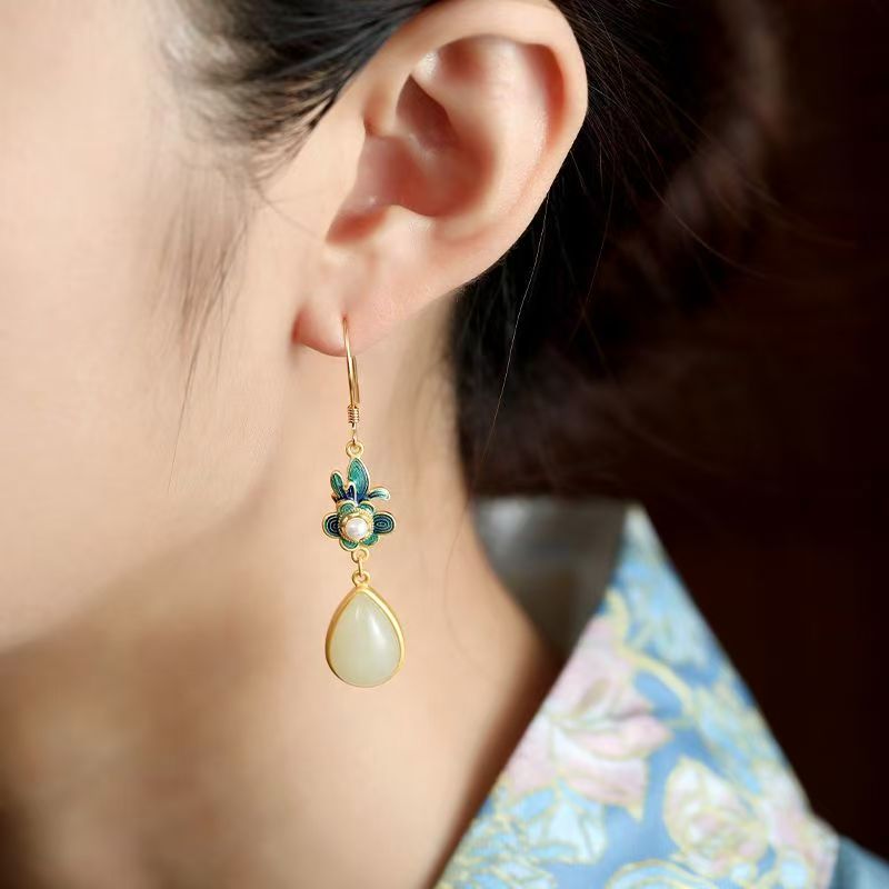 Traditional Chinese Filigree Cloisonne Earrings, Teardrop Hetian Jade Pearl Floral Drop Earrings, Retro Oriental Cheongsam Accessory — View 11