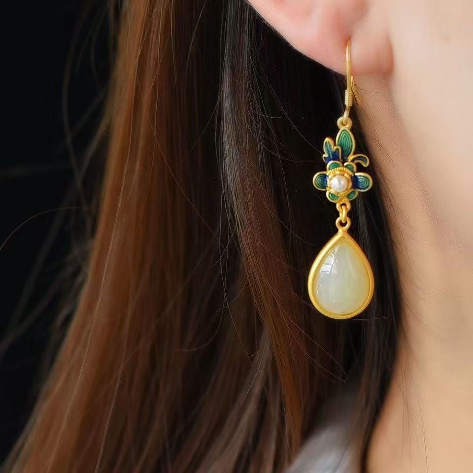 Traditional Chinese Filigree Cloisonne Earrings, Teardrop Hetian Jade Pearl Floral Drop Earrings, Retro Oriental Cheongsam Accessory — View 8