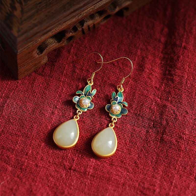 Traditional Chinese Filigree Cloisonne Earrings, Teardrop Hetian Jade Pearl Floral Drop Earrings, Retro Oriental Cheongsam Accessory — View 9