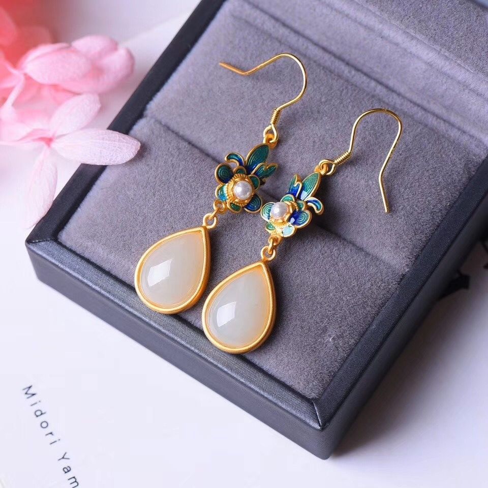 Traditional Chinese Filigree Cloisonne Earrings, Teardrop Hetian Jade Pearl Floral Drop Earrings, Retro Oriental Cheongsam Accessory — View 10