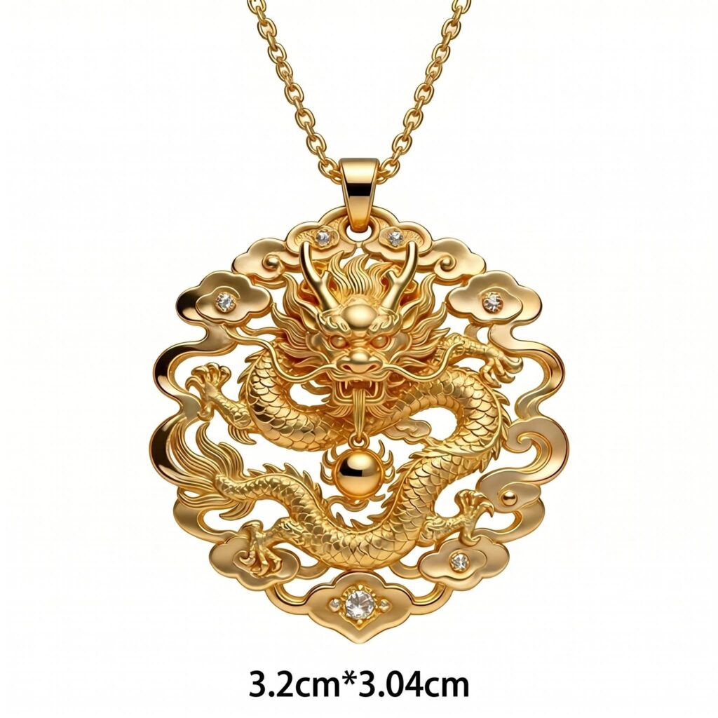 Golden Dragon Playing with Bead Pendant Necklace, Classic Chinese Prosperity & Good Luck Jewelry, Exquisite Alloy Cultural Creative Necklace, Meaningful Ornamental Gift for Family & Friends &mdash; View 8