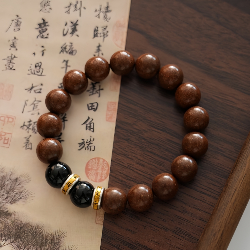 Beruhigendes Armband mit nat&uuml;rlichem Birnen-Weihrauch, handgefertigte Agarholz-Sandelholz-Aromaperlen mit schwarzem Symbolkristall und Metallabstandshaltern, sanfte Stimmung, Entspannung und Schlafunterst&uuml;tzung, Wellness-Schmuck &ndash; Ansicht 5