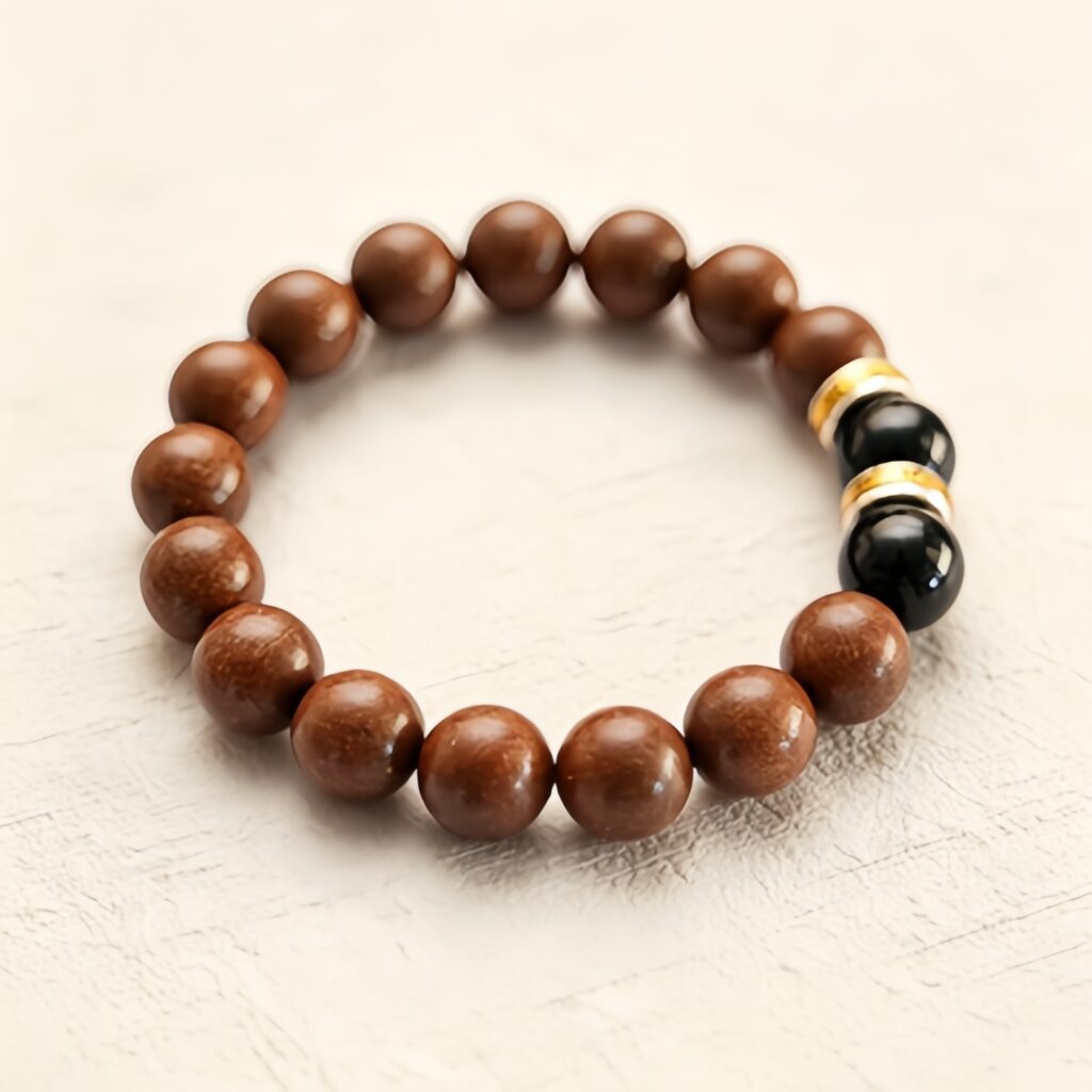 Beruhigendes Armband mit nat&uuml;rlichem Birnen-Weihrauch, handgefertigte Agarholz-Sandelholz-Aromaperlen mit schwarzem Symbolkristall und Metallabstandshaltern, sanfte Stimmung, Entspannung und Schlafunterst&uuml;tzung, Wellness-Schmuck &ndash; Ansicht 1