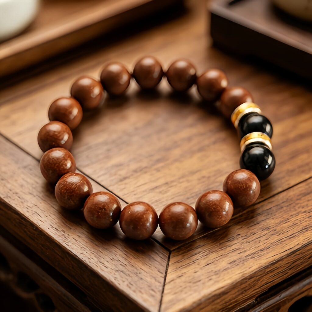 Beruhigendes Armband mit nat&uuml;rlichem Birnen-Weihrauch, handgefertigte Agarholz-Sandelholz-Aromaperlen mit schwarzem Symbolkristall und Metallabstandshaltern, sanfte Stimmung, Entspannung und Schlafunterst&uuml;tzung, Wellness-Schmuck &ndash; Ansicht 3